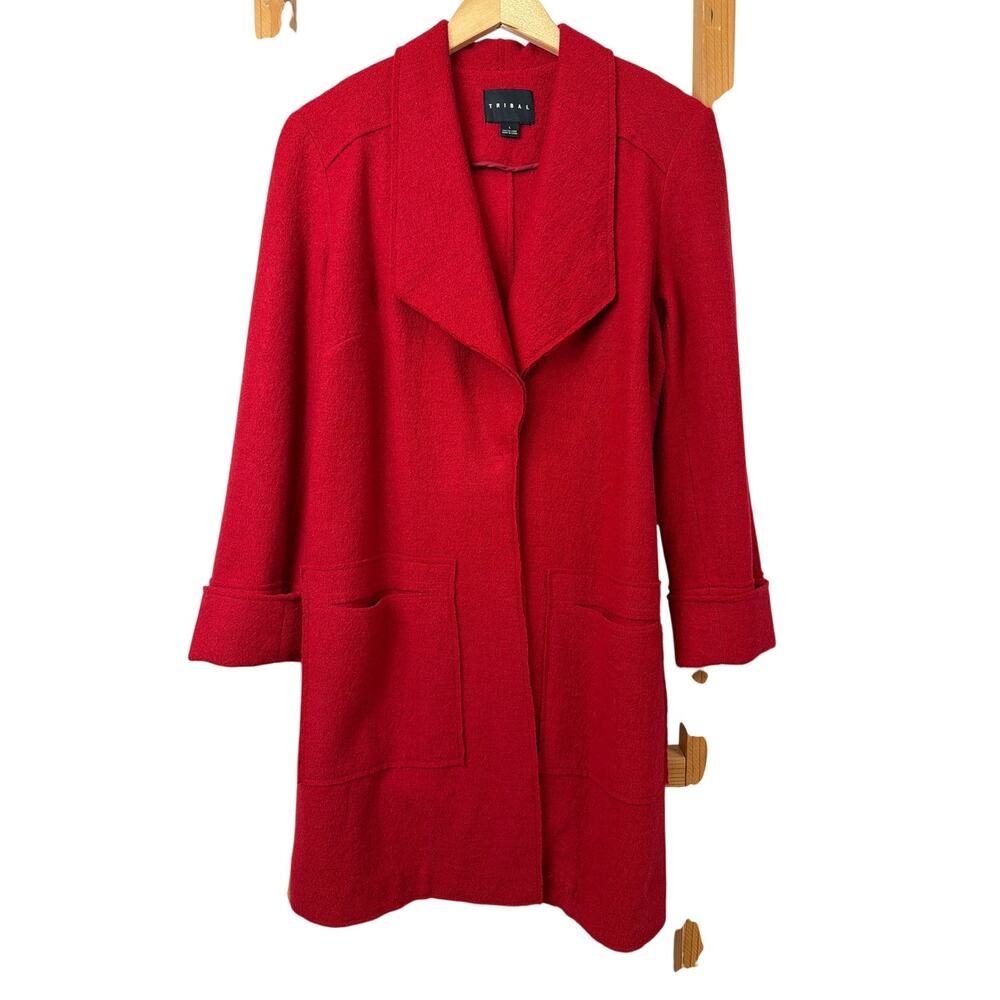 Tribal Red Wool Snap-Up Long Jacket Coat With Front Pockets Size L